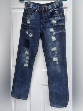 Boys Straight Leg Distressed Dark Blue Jeans